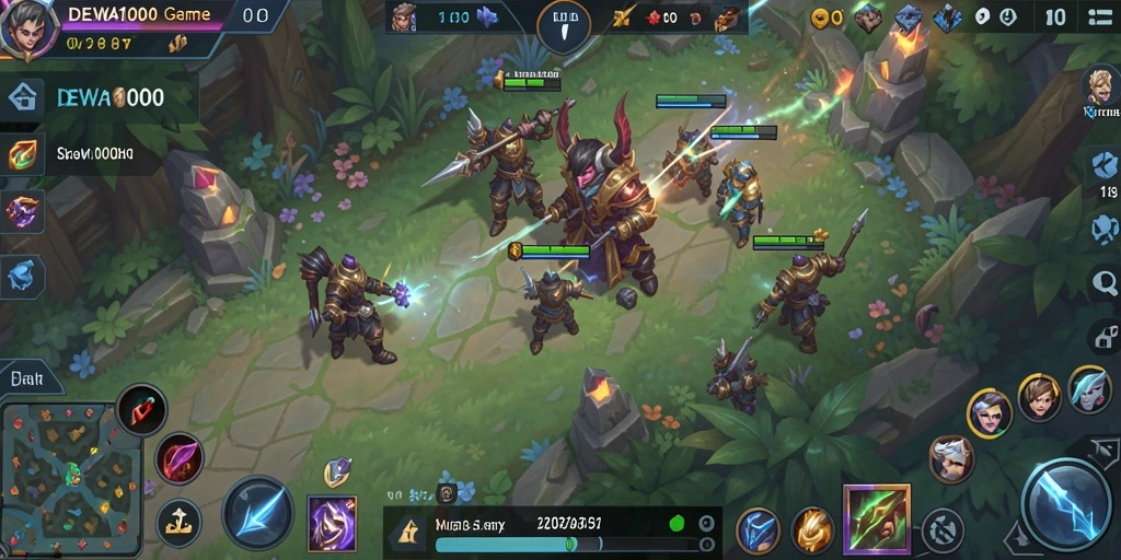 Tampilan gameplay seru di dunia DEWA1000 dengan aksi MOBA yang intens.