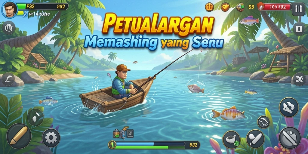 Gameplay F32 menunjukkan aksi seru memancing di tepi danau.