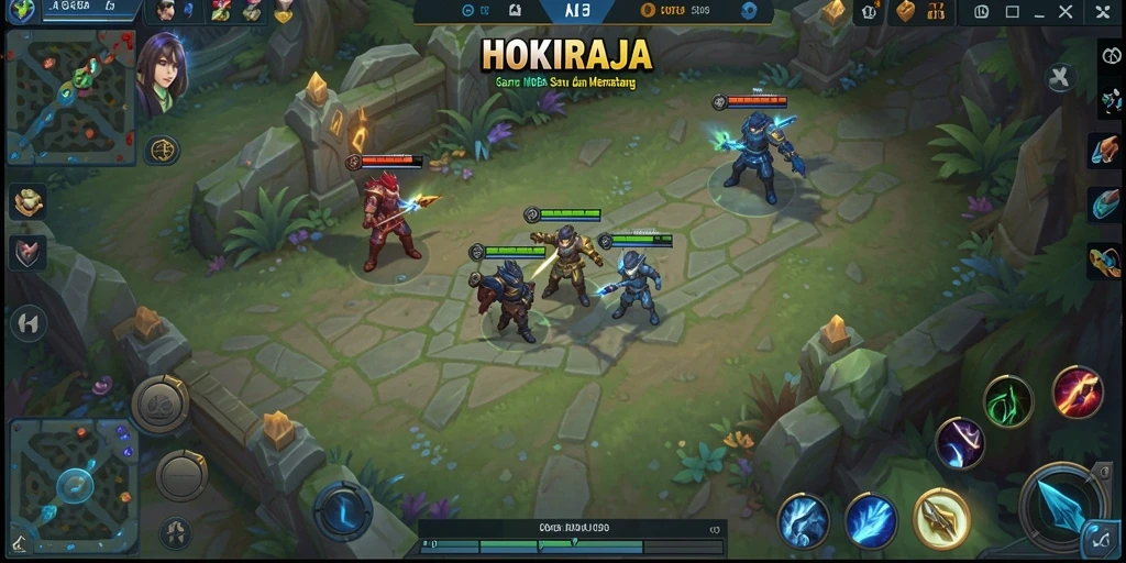 Tampilan gameplay HOKIRAJA yang intens dan seru di arena pertempuran.