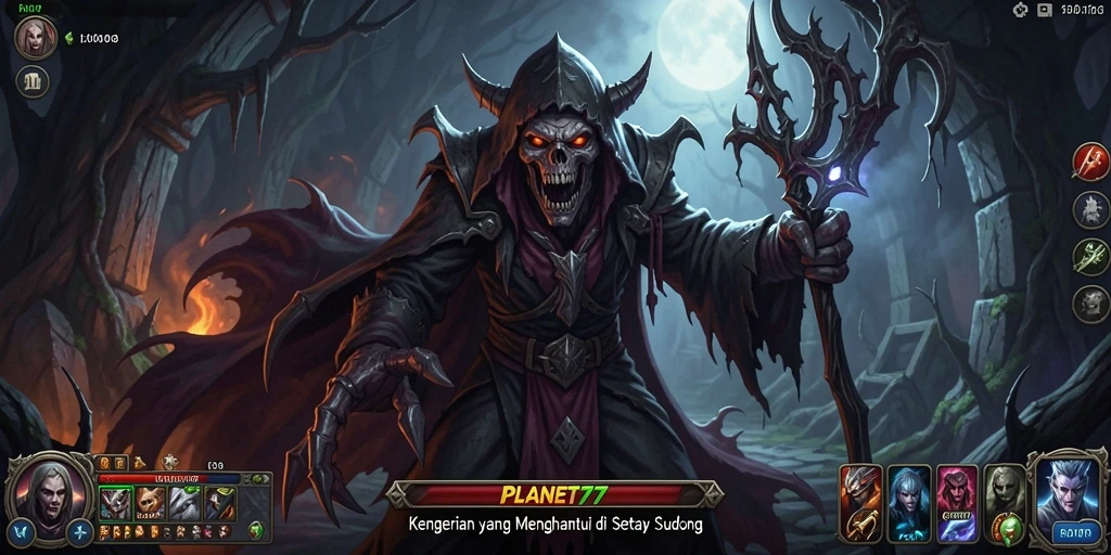 Tangkapan layar utama PLANET77 menunjukkan suasana seram saat gameplay.