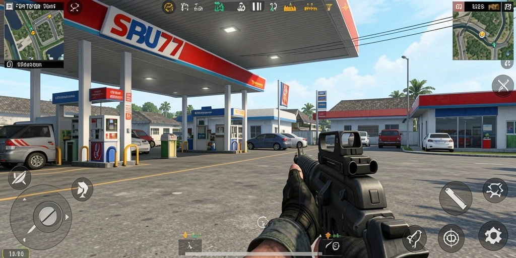 Screenshot gameplay SPBU77 dengan aksi tembak-menembak yang mendebarkan.